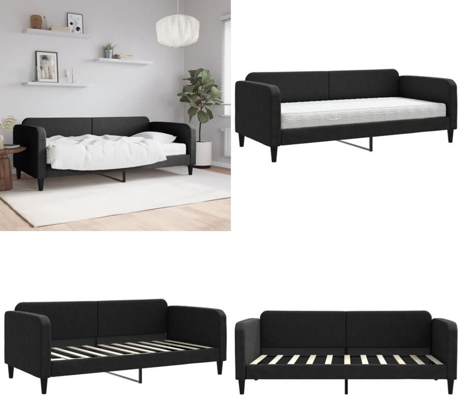 VidaXL Slaapbank met matras 90x190 cm stof zwart Slaapbank Met Matras Slaapbank Met Matrassen Slaapbank Bedbank