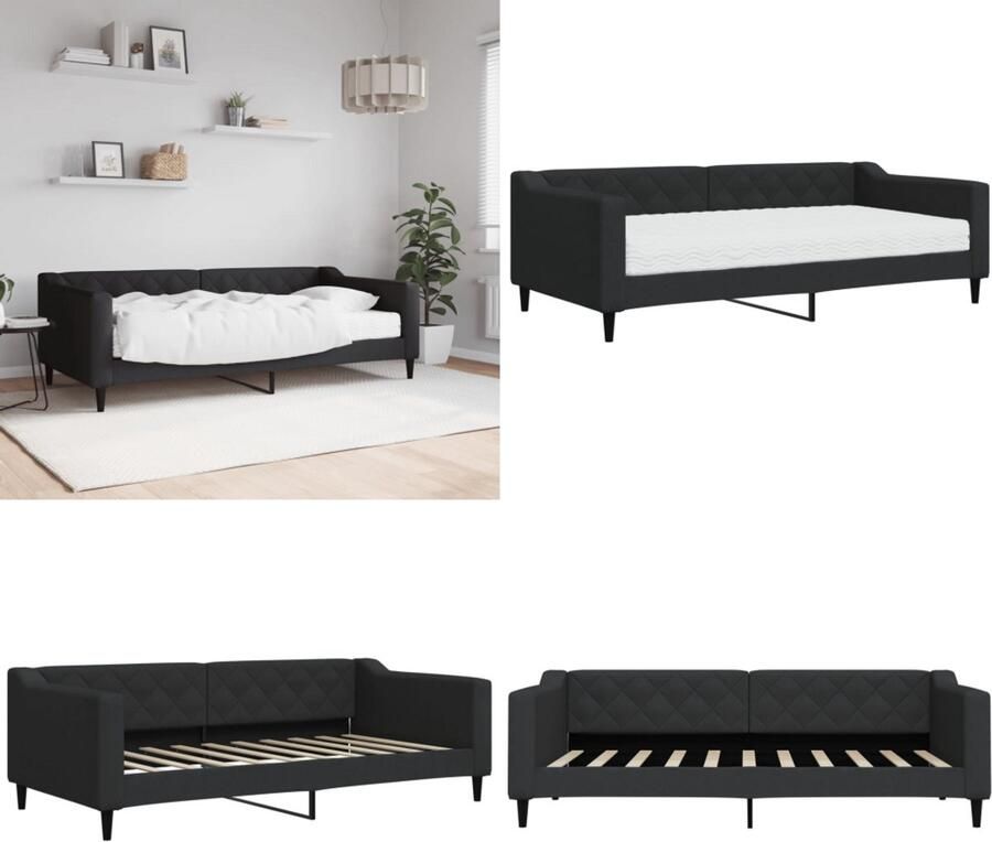 VidaXL Slaapbank met matras 90x190 cm stof zwart Slaapbank Met Matras Slaapbanken Met Matrassen Slaapbank Bedbank