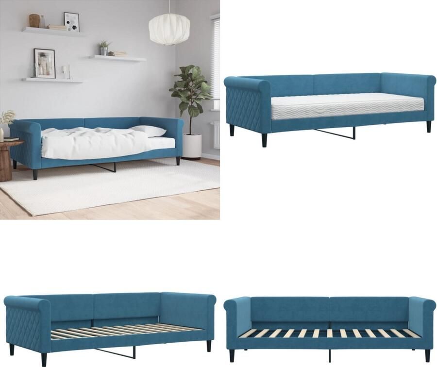 VidaXL Slaapbank met matras 90x200 cm fluweel blauw Slaapbank Met Matras Slaapbanken Met Matrassen Slaapbank Bedbank
