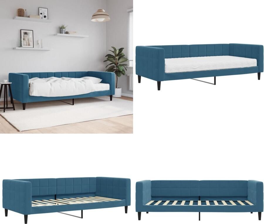 VidaXL Slaapbank met matras 90x200 cm fluweel blauw Slaapbank Met Matras Slaapbanken Met Matrassen Slaapbank Bedbank