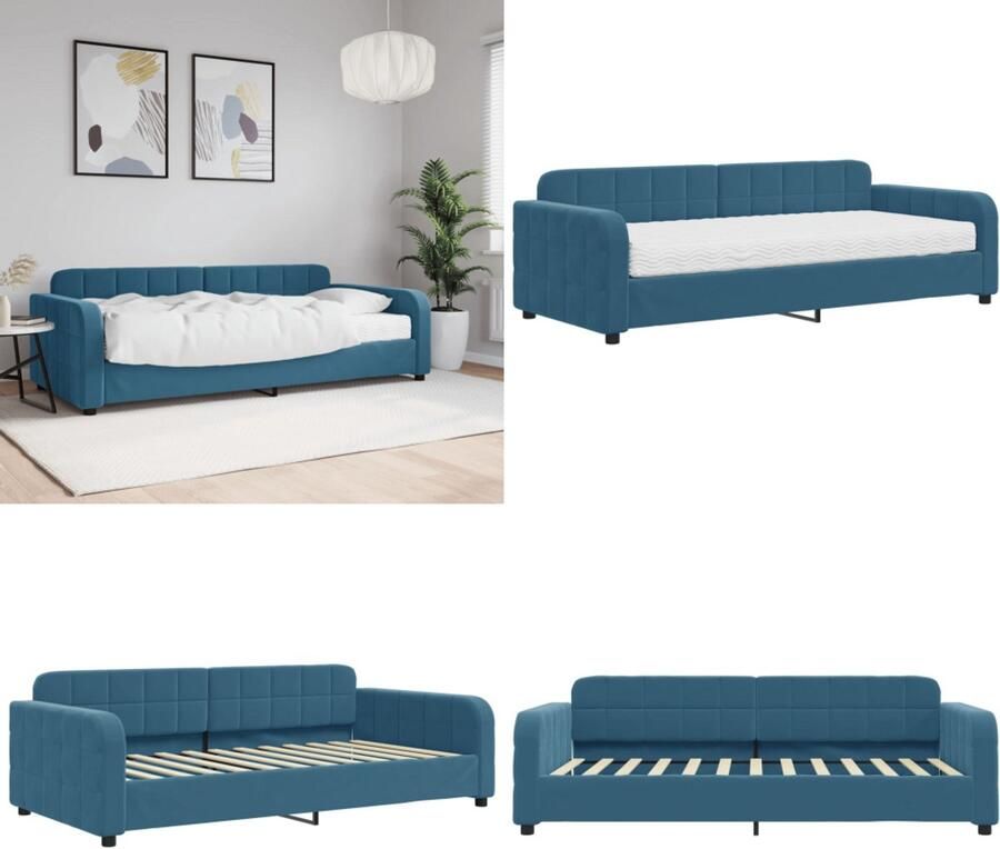 VidaXL Slaapbank met matras 90x200 cm fluweel blauw Slaapbank Met Matras Slaapbanken Met Matrassen Slaapbank Bedbank