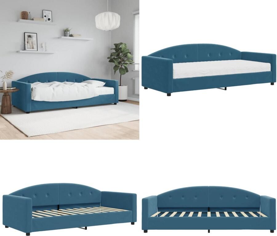 VidaXL Slaapbank met matras 90x200 cm fluweel blauw Slaapbank Met Matras Slaapbanken Met Matrassen Slaapbank Bedbank