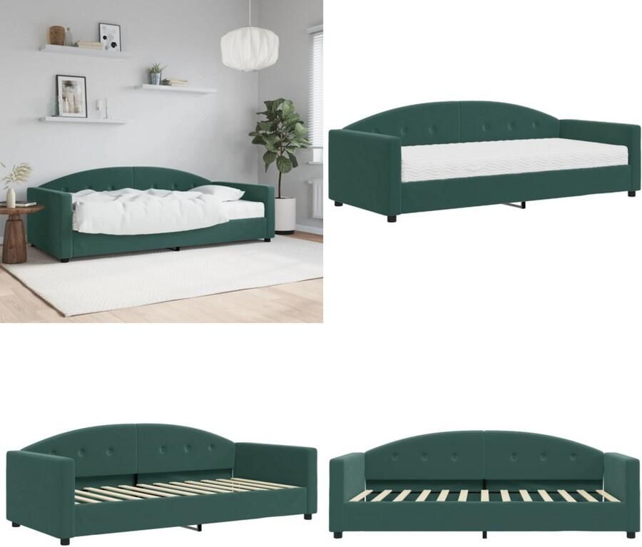 VidaXL Slaapbank met matras 90x200 cm fluweel donkergroen Slaapbank Met Matras Slaapbanken Met Matrassen Slaapbank Bedbank