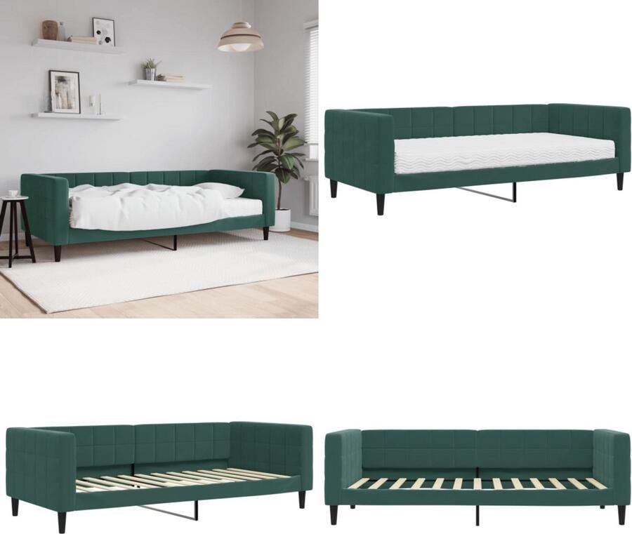 VidaXL Slaapbank met matras 90x200 cm fluweel donkergroen Slaapbank Met Matras Slaapbanken Met Matrassen Slaapbank Bedbank