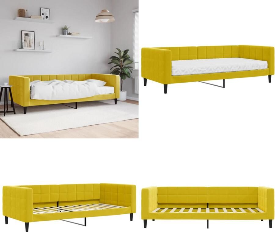 VidaXL Slaapbank met matras 90x200 cm fluweel geel Slaapbank Met Matras Slaapbanken Met Matrassen Slaapbank Bedbank