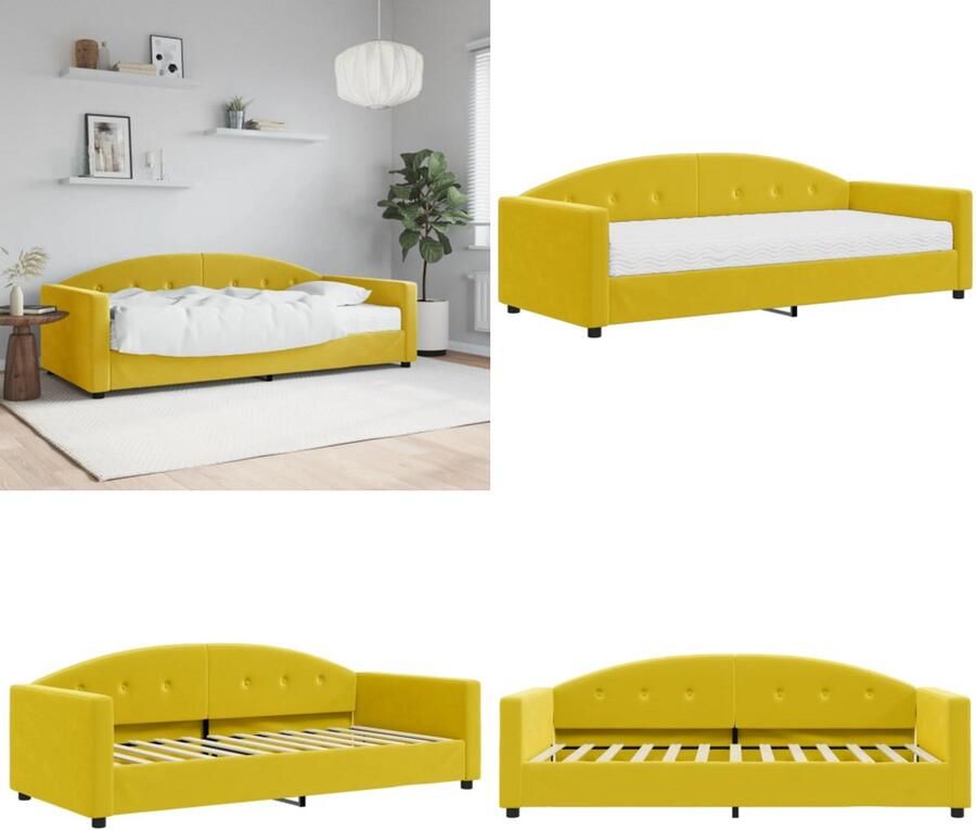 VidaXL Slaapbank met matras 90x200 cm fluweel geel Slaapbank Met Matras Slaapbanken Met Matrassen Slaapbank Bedbank
