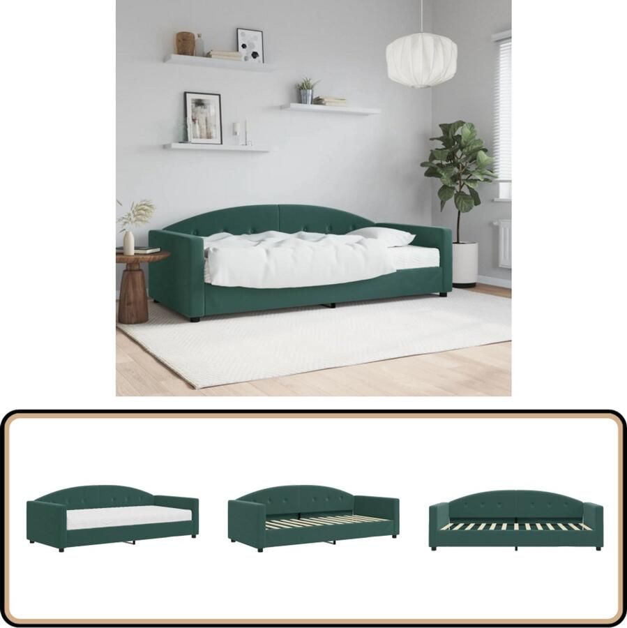 VidaXL Slaapbank met matras 90x200 cm Fluweel groen Slaapbank Sofa Bed Tweepersoonsbed Velvet Bank Donkere Groene Bank