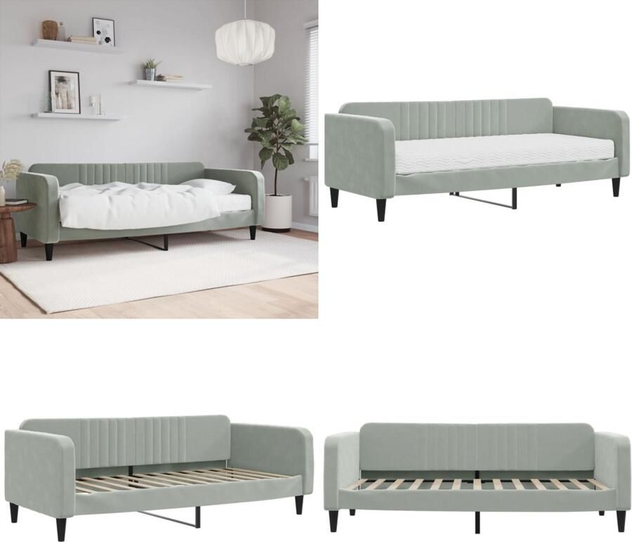 VidaXL Slaapbank met matras 90x200 cm fluweel lichtgrijs Slaapbank Met Matras Slaapbanken Met Matrassen Slaapbank Bedbank