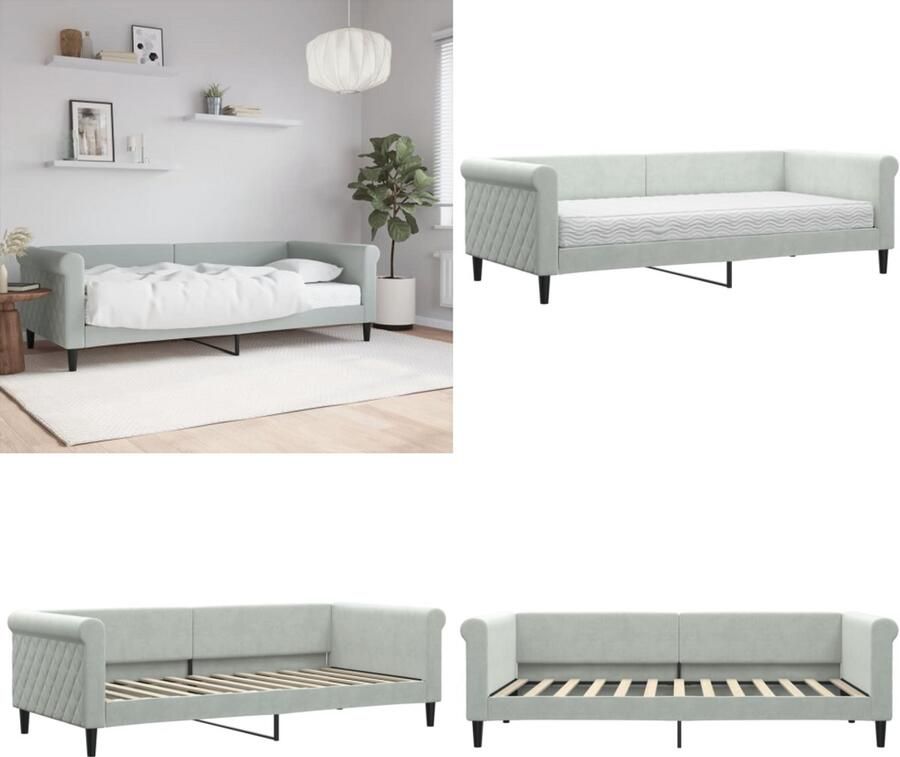 VidaXL Slaapbank met matras 90x200 cm fluweel lichtgrijs Slaapbank Met Matras Slaapbanken Met Matrassen Slaapbank Bedbank