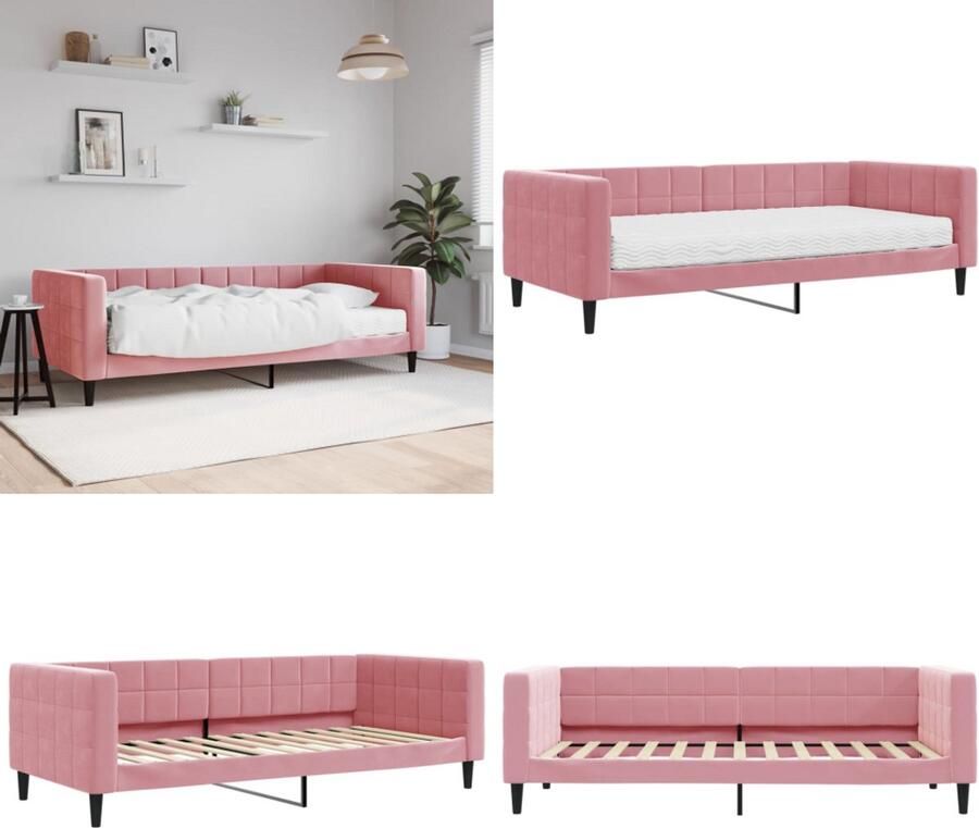 VidaXL Slaapbank met matras 90x200 cm fluweel roze Slaapbank Met Matras Slaapbanken Met Matrassen Slaapbank Bedbank