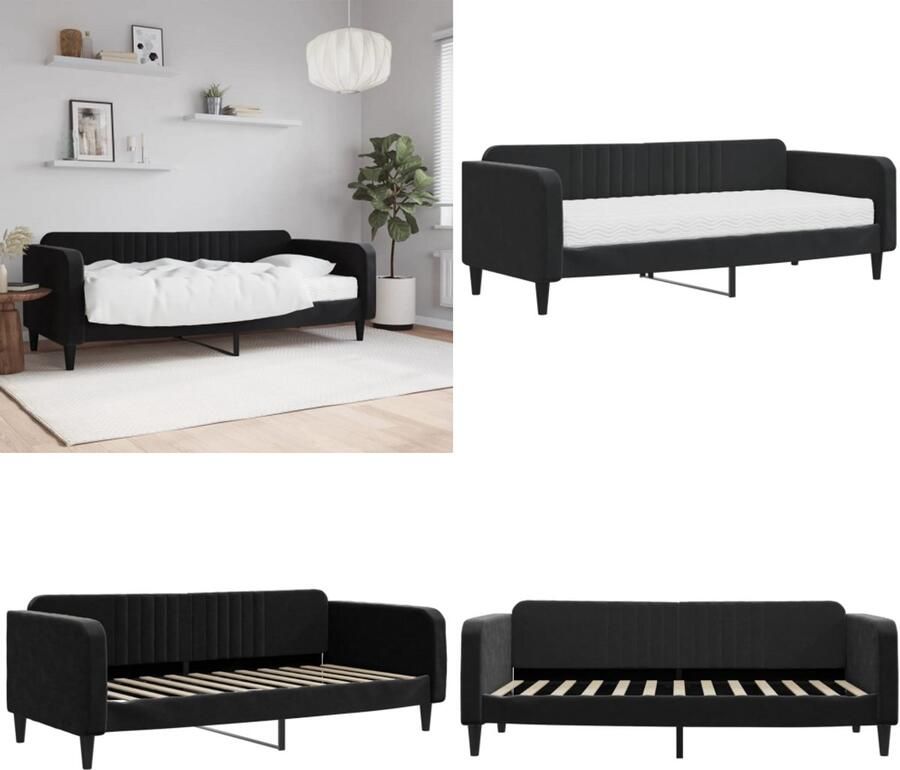 VidaXL Slaapbank met matras 90x200 cm fluweel zwart Slaapbank Met Matras Slaapbanken Met Matrassen Slaapbank Bedbank