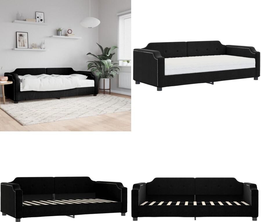 VidaXL Slaapbank met matras 90x200 cm stof zwart Slaapbank Met Matras Slaapbank Met Matrassen Slaapbank Bedbank