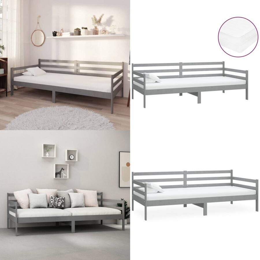 VidaXL Slaapbank met matras massief grenenhout grijs 90x200 cm Bedbank Bedbanken Bed Bank Bed Banken