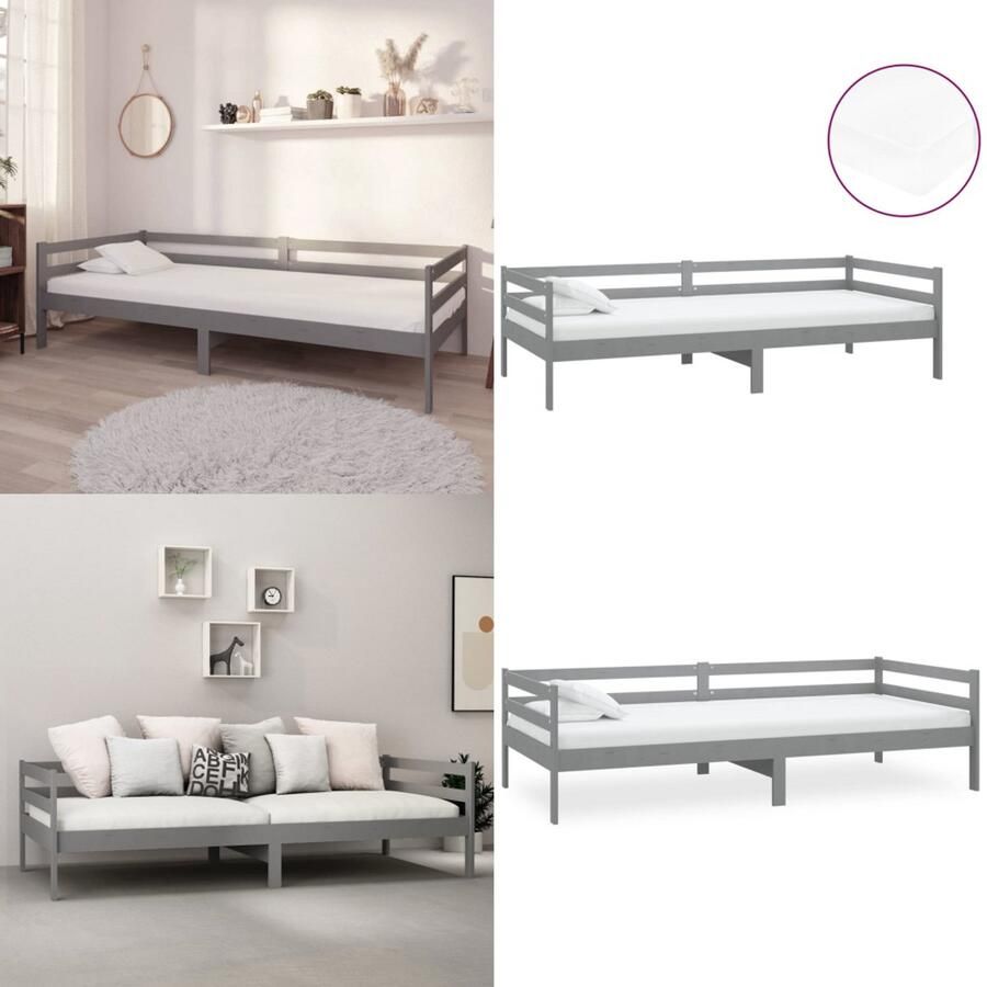 VidaXL Slaapbank met matras massief grenenhout grijs 90x200 cm Bedbank Bedbanken Bed Bank Bed Banken