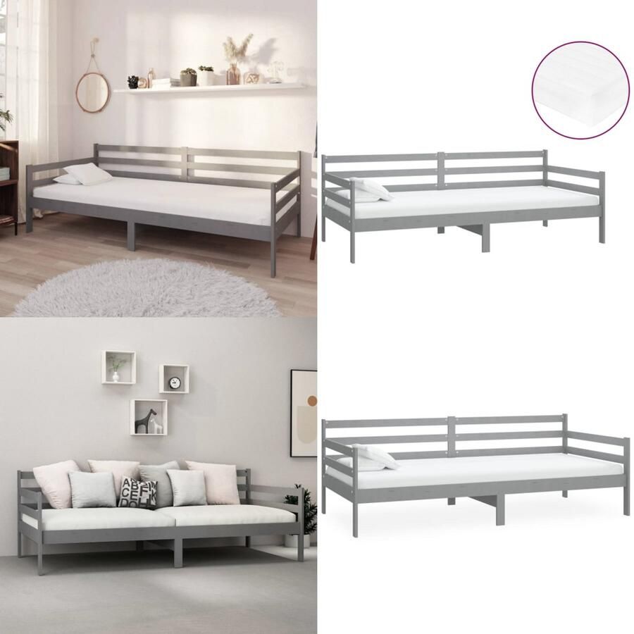 VidaXL Slaapbank met matras massief grenenhout grijs 90x200 cm Bedbank Bedbanken Bed Bank Bed Banken