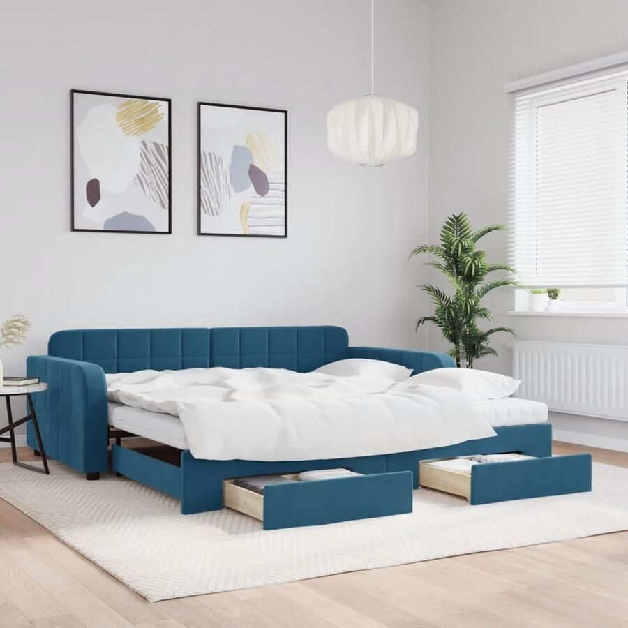 VidaXL Slaapbank met onderschuifbed 100x200 cm Blauw Slaapbank Sofa Bed Tweepersoonsbed Lounge Meubels Blauwe Meubels - Foto 2