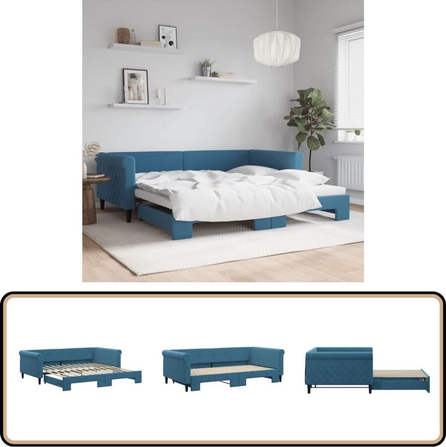 VidaXL Slaapbank met onderschuifbed 100x200 cm Blauw Slaapbank Tweepersoonsbed Sofa Bed Gastenkamer Blauwe Meubels
