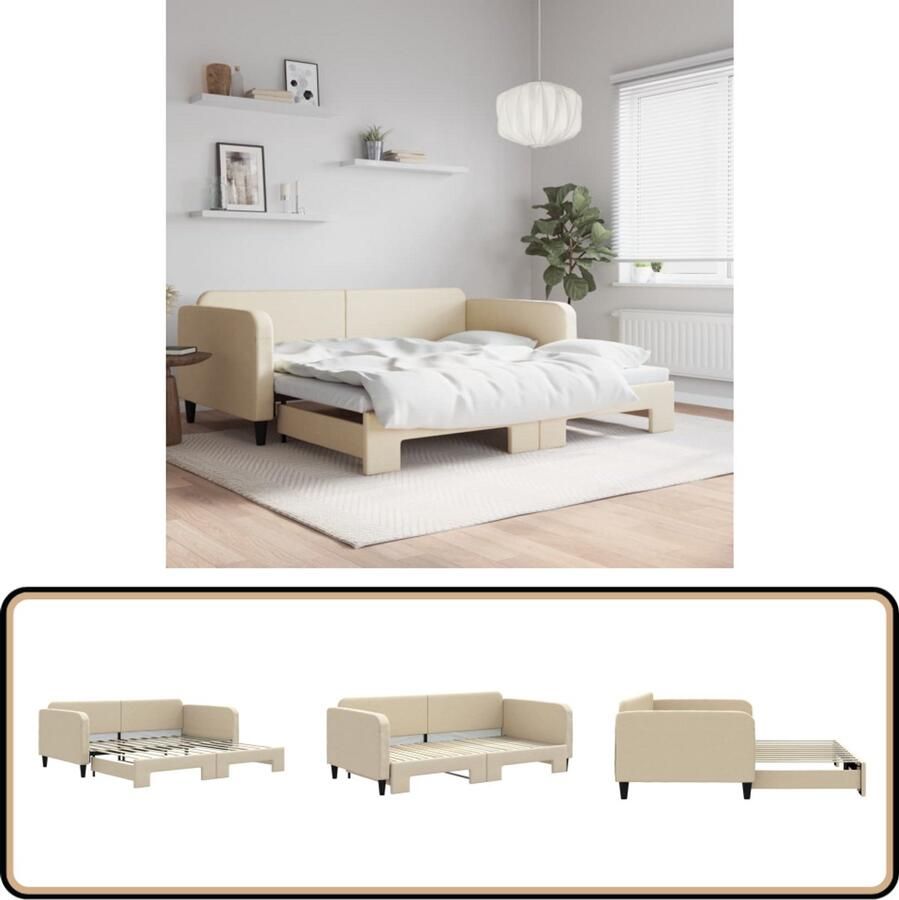 VidaXL Slaapbank met onderschuifbed 100x200 cm Crème Slaapbank Tweepersoonsbed Sofa Bed Onderschuifbed Creme Kleur Stoffen Bank Multifunctionele Meubels Living Room Furniture Guest Bed Space Saving Furniture