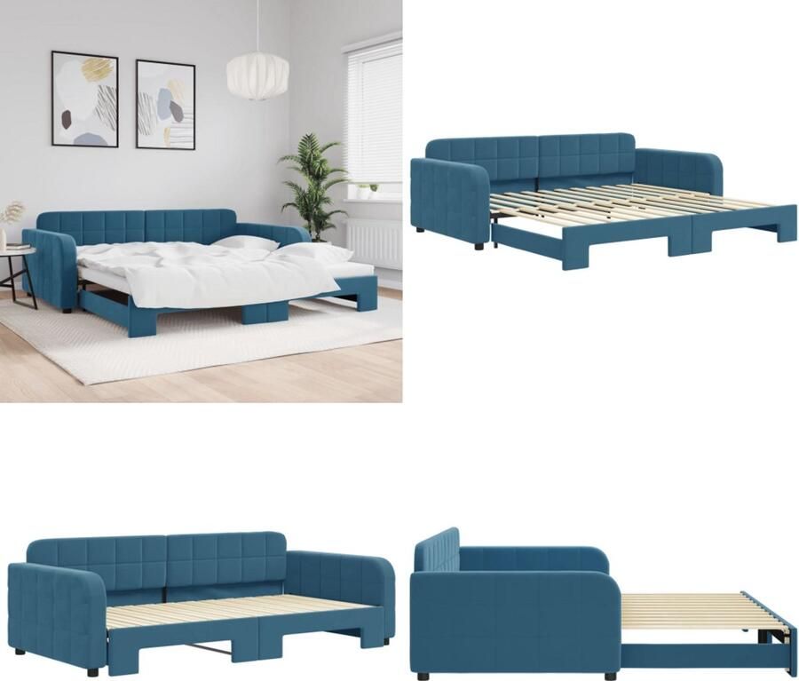 VidaXL Slaapbank met onderschuifbed 100x200 cm fluweel blauw Slaapbank Met Onderschuifbed Slaapbanken Met Onderschuifbedden Slaapbank Bedbank