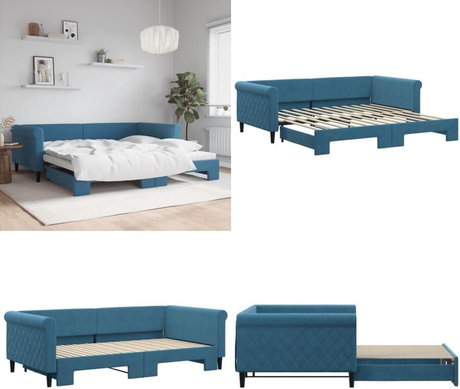 VidaXL Slaapbank met onderschuifbed 100x200 cm fluweel blauw Slaapbank Met Onderschuifbed Slaapbanken Met Onderschuifbedden Slaapbank Bedbank