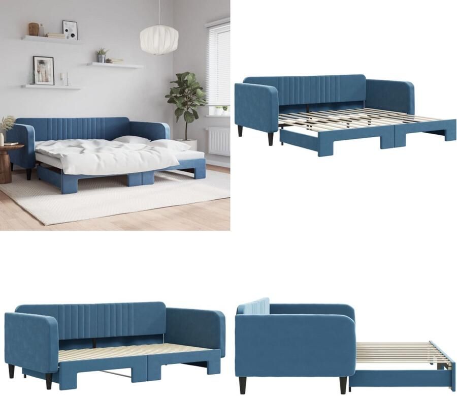 VidaXL Slaapbank met onderschuifbed 100x200 cm fluweel blauw Slaapbank Met Onderschuifbed Slaapbanken Met Onderschuifbedden Slaapbank Bedbank
