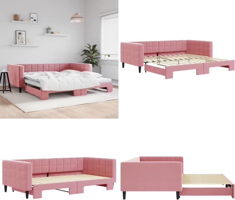 VidaXL Slaapbank met onderschuifbed 100x200 cm fluweel roze Slaapbank Met Onderschuifbed Slaapbanken Met Onderschuifbedden Slaapbank Bedbank