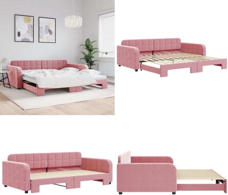 VidaXL Slaapbank met onderschuifbed 100x200 cm fluweel roze Slaapbank Met Onderschuifbed Slaapbanken Met Onderschuifbedden Slaapbank Bedbank