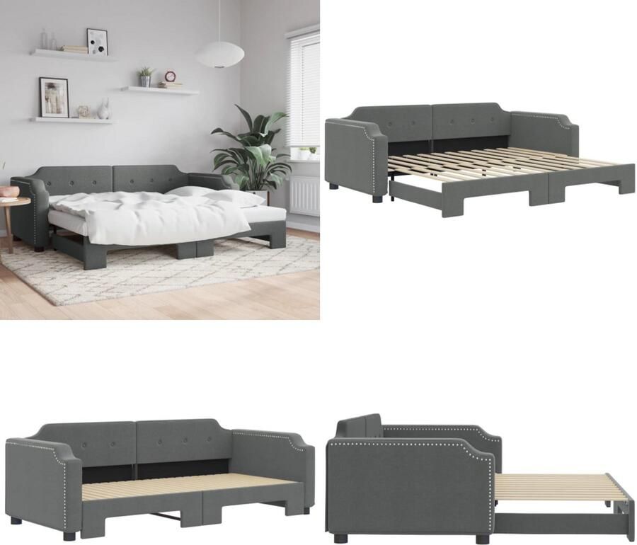 VidaXL Slaapbank met onderschuifbed 100x200 cm stof donkergrijs Slaapbank Met Onderschuifbed Slaapbanken Met Onderschuifbedden Slaapbank Bedbank