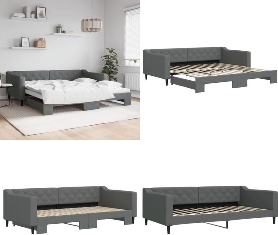 VidaXL Slaapbank met onderschuifbed 100x200 cm stof donkergrijs Slaapbank Met Onderschuifbed Slaapbanken Met Onderschuifbedden Slaapbank Bedbank - Foto 2