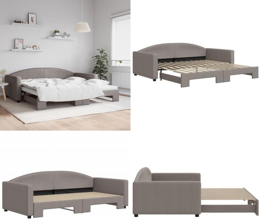 VidaXL Slaapbank met onderschuifbed 100x200 cm stof taupe Slaapbank Met Onderschuifbed Slaapbanken Met Onderschuifbedden Slaapbank Bedbank