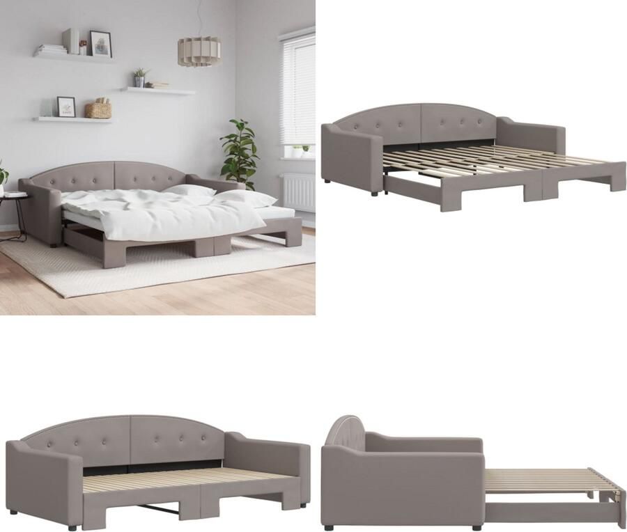 VidaXL Slaapbank met onderschuifbed 100x200 cm stof taupe Slaapbank Met Onderschuifbed Slaapbanken Met Onderschuifbedden Slaapbank Bedbank