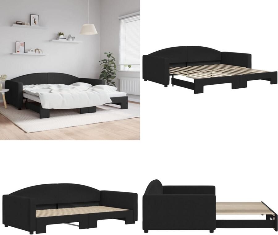 VidaXL Slaapbank met onderschuifbed 100x200 cm stof zwart Slaapbank Met Onderschuifbed Slaapbanken Met Onderschuifbedden Slaapbank Bedbank
