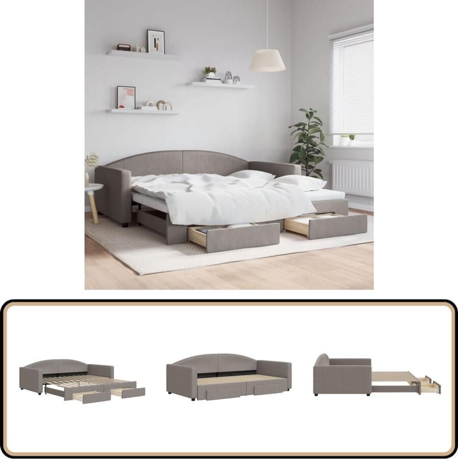 VidaXL Slaapbank met onderschuifbed 100x200 cm Taupe Slaapbank Tweepersoonsbed Opvouwbare Bank Sofa Bed Lounge Meubels