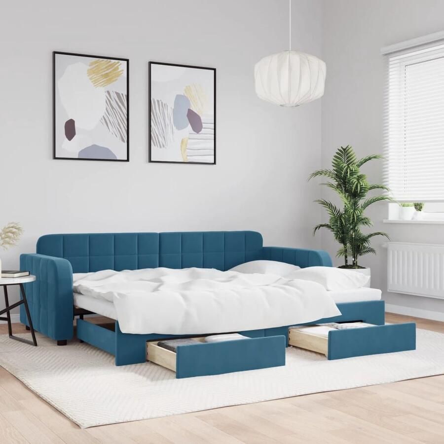 VidaXL Slaapbank met onderschuifbed 80x200 cm Blauw Slaapbank Tweepersoonsbed Boxspring Lounge Sofa Multifunctionele Meubels Opbergmeubel Blauwe Meubels Fluweel Meubel Design Slaapkamer Compact Bed Guest Bed - Foto 2