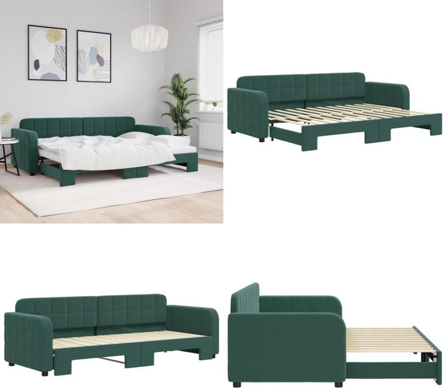 VidaXL Slaapbank met onderschuifbed 80x200 cm fluweel donkergroen Slaapbank Met Onderschuifbed Slaapbanken Met Onderschuifbedden Slaapbank Bedbank