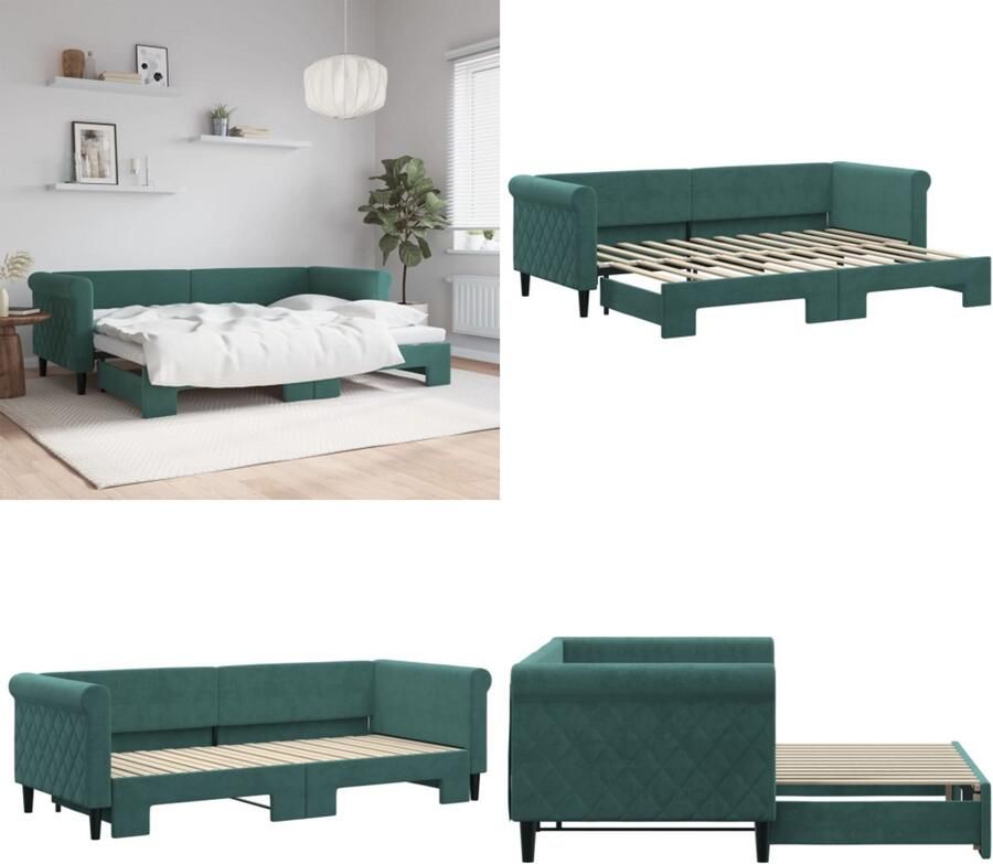VidaXL Slaapbank met onderschuifbed 80x200 cm fluweel donkergroen Slaapbank Met Onderschuifbed Slaapbanken Met Onderschuifbedden Slaapbank Bedbank