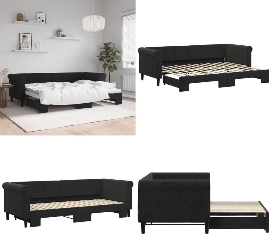 VidaXL Slaapbank met onderschuifbed 80x200 cm fluweel zwart Slaapbank Met Onderschuifbed Slaapbanken Met Onderschuifbedden Slaapbank Bedbank