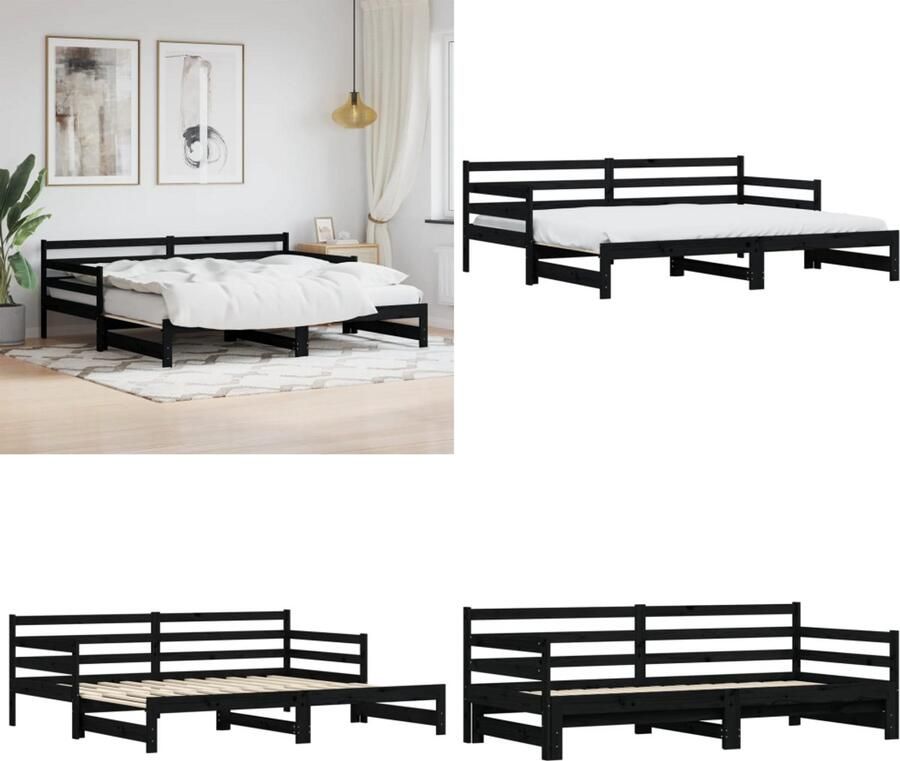 VidaXL Slaapbank met onderschuifbed 80x200 cm massief grenenhout zwart Slaapbank Met Onderschuifbed Slaapbanken Met Onderschuifbedden Slaapbank Bedbank