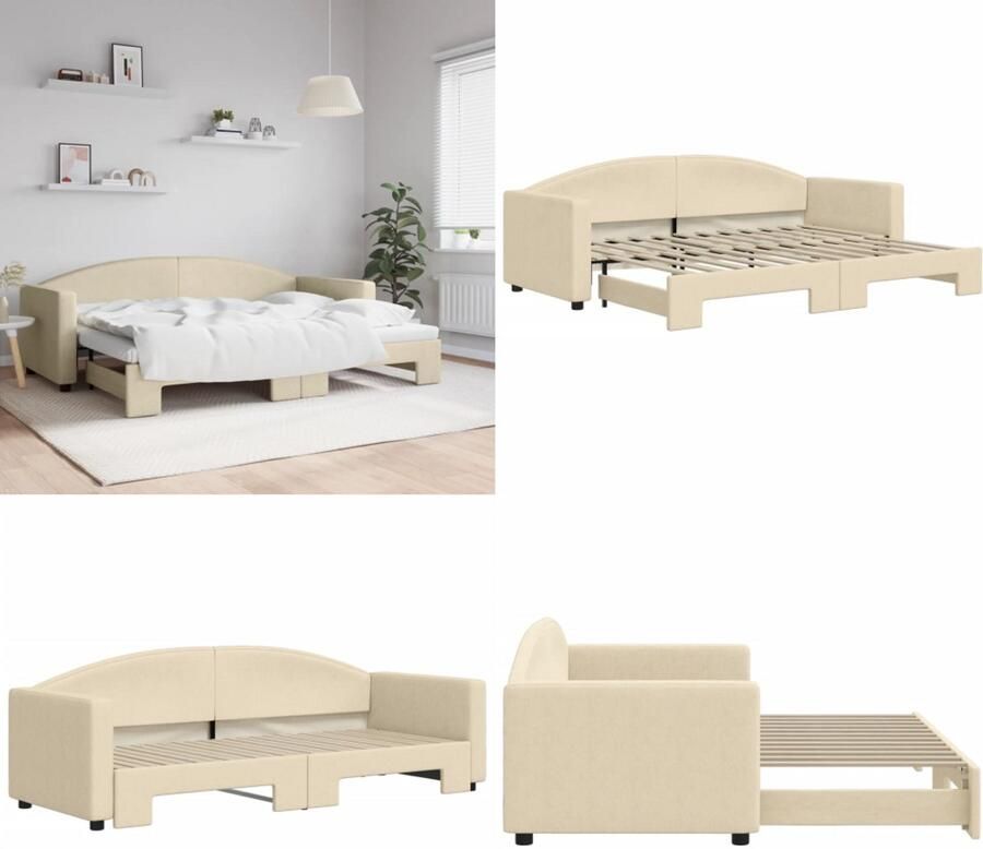 VidaXL Slaapbank met onderschuifbed 80x200 cm stof crèmekleurig Slaapbank Met Onderschuifbed Slaapbanken Met Onderschuifbedden Slaapbank Bedbank