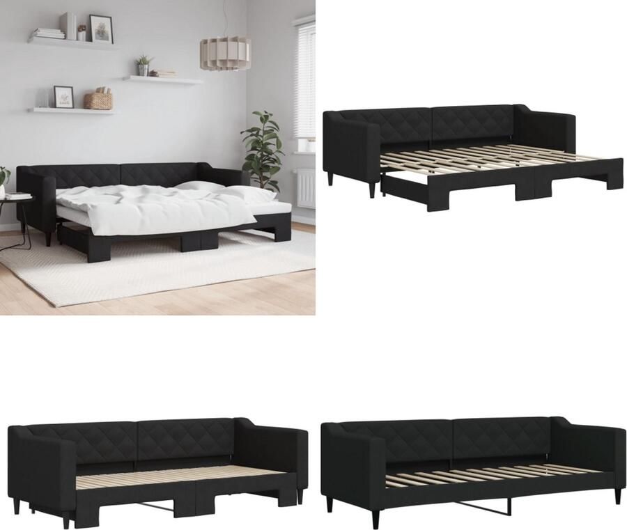 VidaXL Slaapbank met onderschuifbed 80x200 cm stof zwart Slaapbank Met Onderschuifbed Slaapbanken Met Onderschuifbedden Slaapbank Bedbank - Foto 2