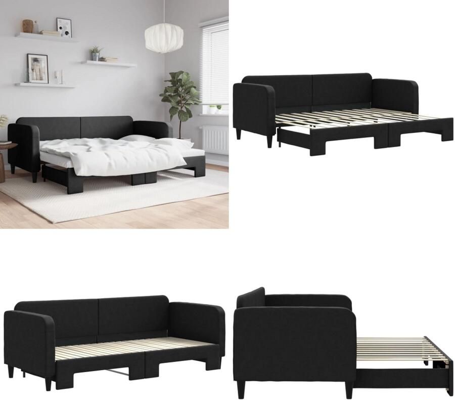 VidaXL Slaapbank met onderschuifbed 80x200 cm stof zwart Slaapbank Met Onderschuifbed Slaapbanken Met Onderschuifbedden Slaapbank Bedbank