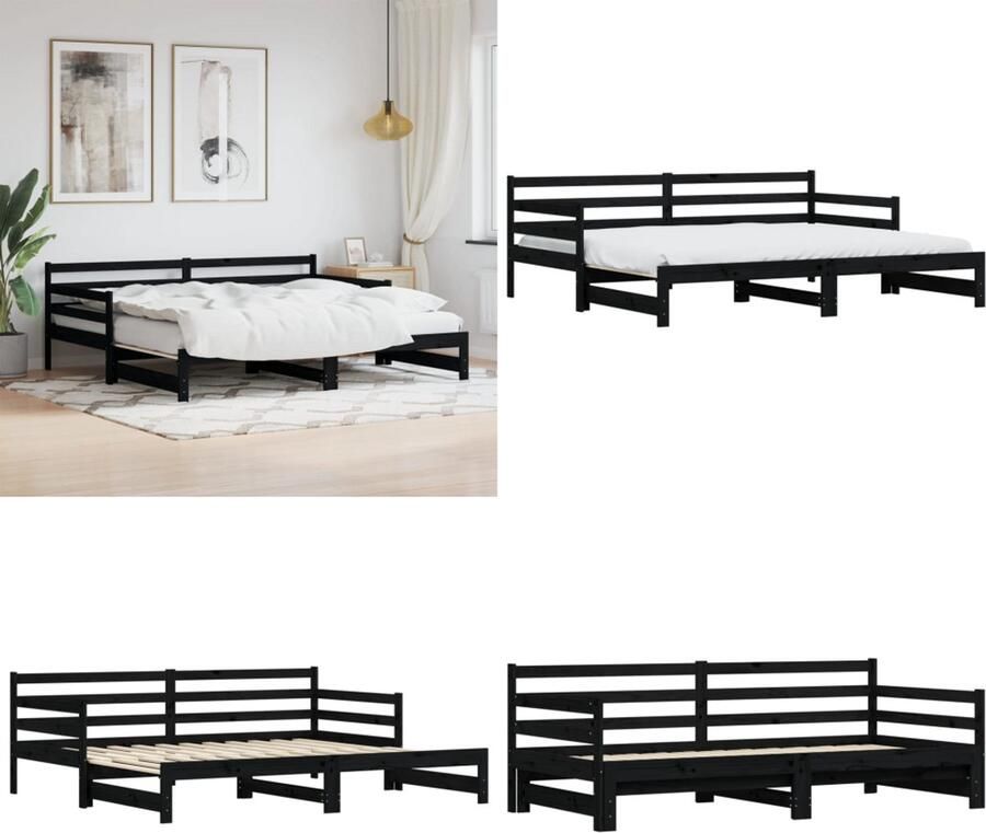 VidaXL Slaapbank met onderschuifbed 90x190 cm massief grenenhout zwart Slaapbank Met Onderschuifbed Slaapbanken Met Onderschuifbedden Slaapbank Bedbank
