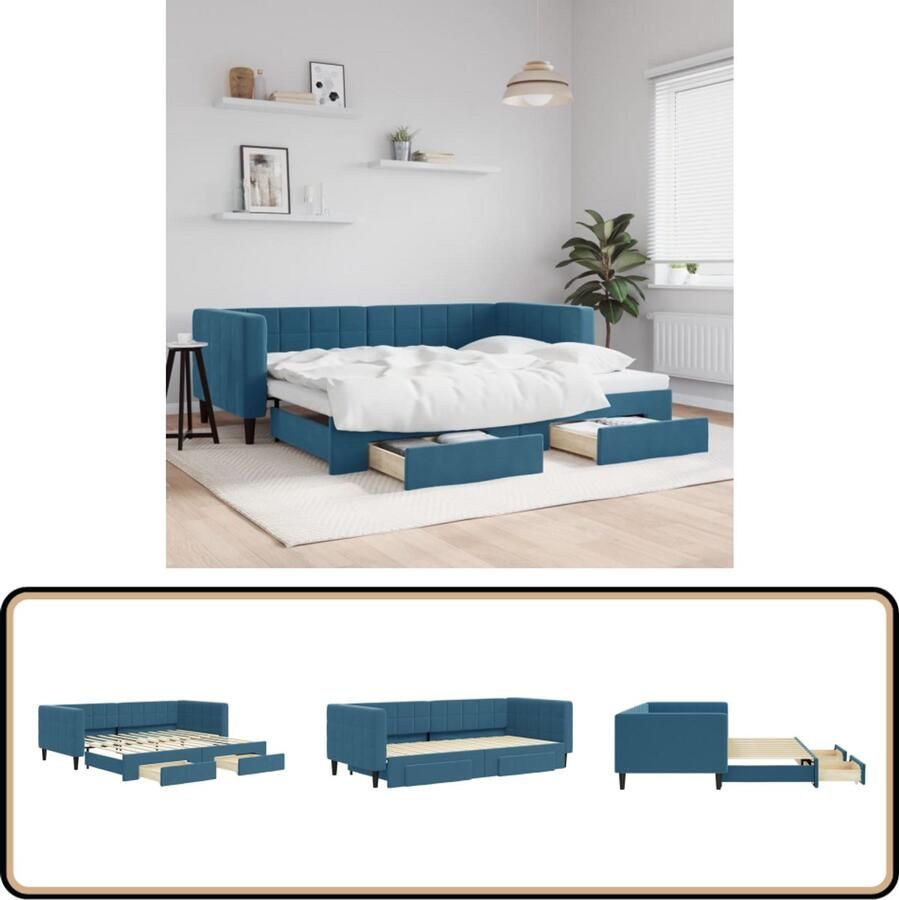 VidaXL Slaapbank met onderschuifbed 90x200 cm Blauw Slaapbank Tweepersoonsbed Logeerbed Sofa Bed Blauwe Meubels