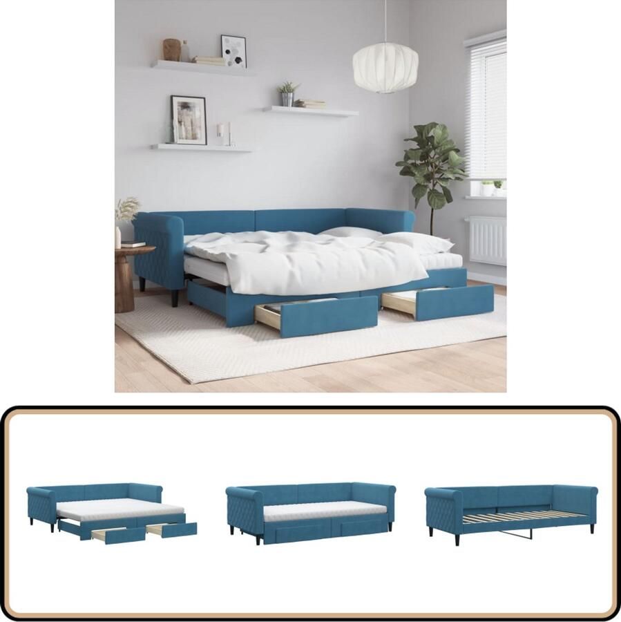 VidaXL Slaapbank met onderschuifbed 90x200 cm Blauw Slaapbank Tweepersoonsbed Opbergruimte Sofa Bed Lounge Meubels - Foto 2