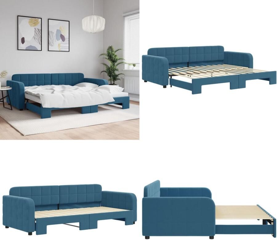 VidaXL Slaapbank met onderschuifbed 90x200 cm fluweel blauw Slaapbank Met Onderschuifbed Slaapbanken Met Onderschuifbedden Slaapbank Bedbank