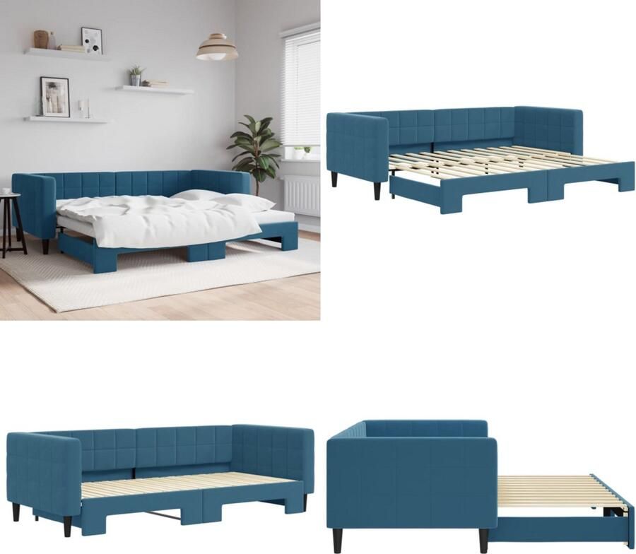 VidaXL Slaapbank met onderschuifbed 90x200 cm fluweel blauw Slaapbank Met Onderschuifbed Slaapbanken Met Onderschuifbedden Slaapbank Bedbank