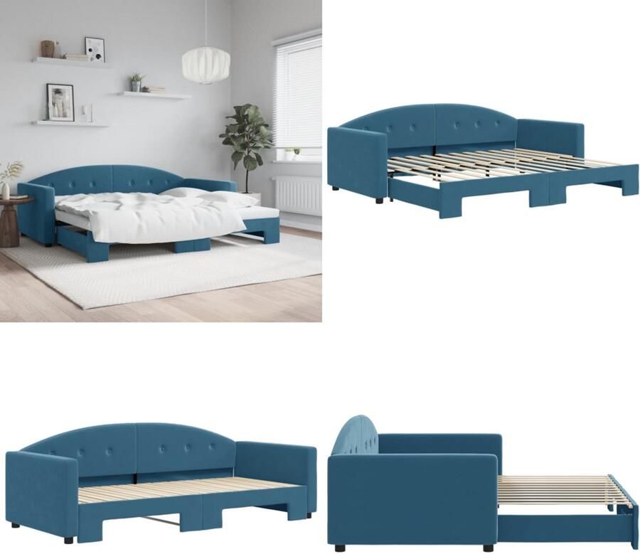 VidaXL Slaapbank met onderschuifbed 90x200 cm fluweel blauw Slaapbank Slaapbanken Slaapbank Met Onderschuifbed Bankbed