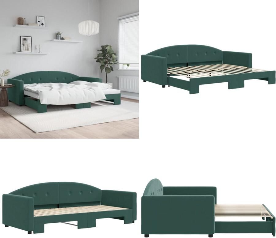 VidaXL Slaapbank met onderschuifbed 90x200 cm fluweel donkergroen Slaapbank Slaapbanken Slaapbank Met Onderschuifbed Bankbed