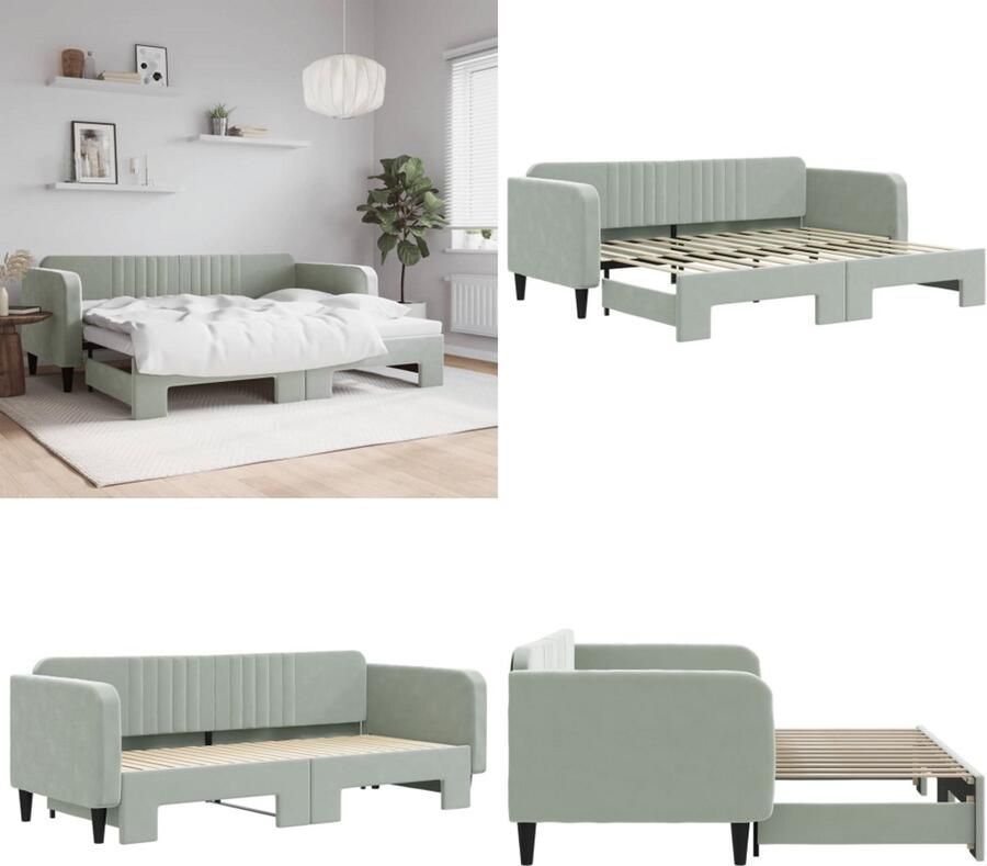 VidaXL Slaapbank met onderschuifbed 90x200 cm fluweel lichtgrijs Slaapbank Met Onderschuifbed Slaapbanken Met Onderschuifbedden Slaapbank Bedbank