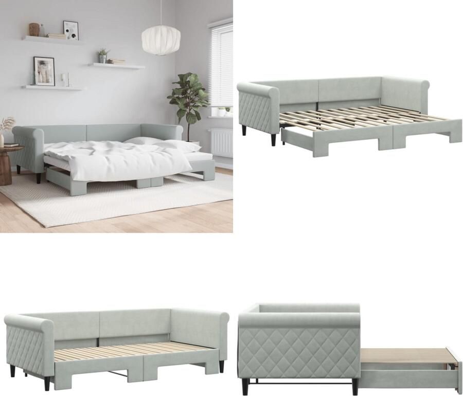 VidaXL Slaapbank met onderschuifbed 90x200 cm fluweel lichtgrijs Slaapbank Met Onderschuifbed Slaapbanken Met Onderschuifbedden Slaapbank Bedbank